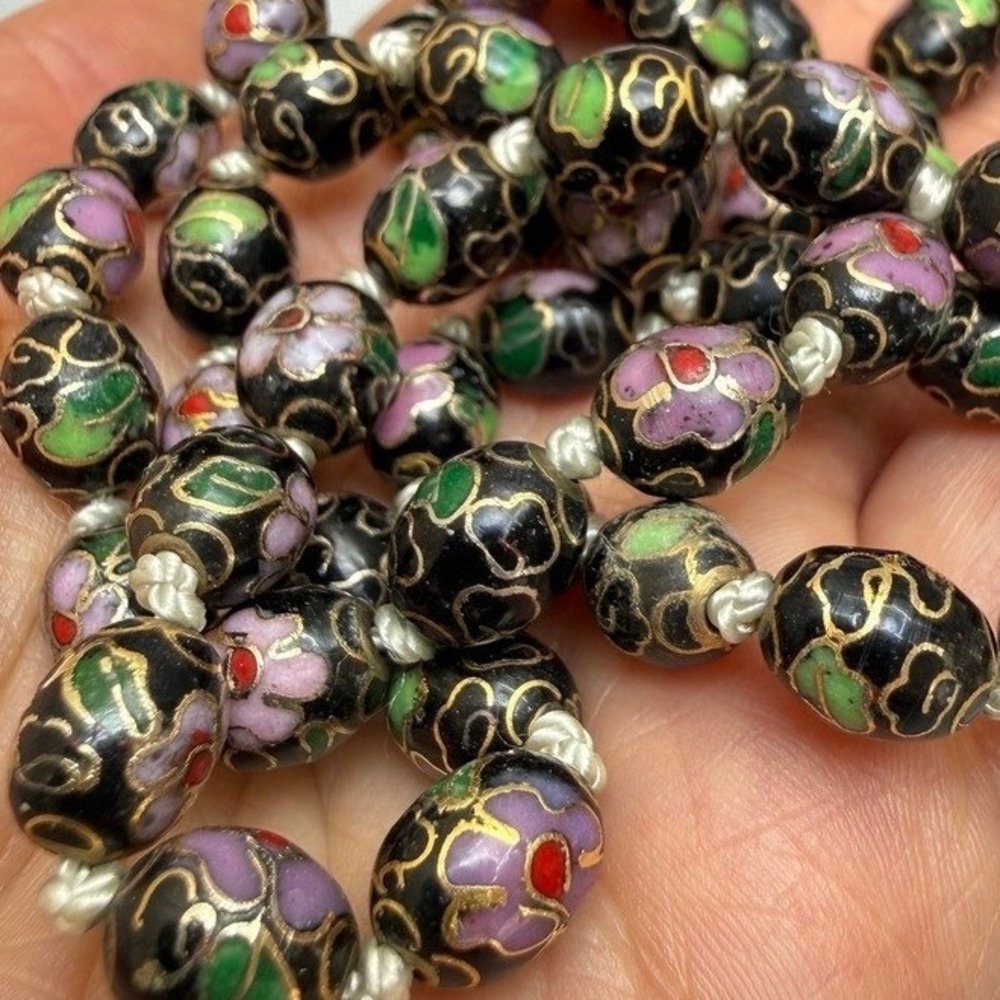 Vintage Cloisonné Necklace Chinese Export Floral Beads Black Gold Tone 20"